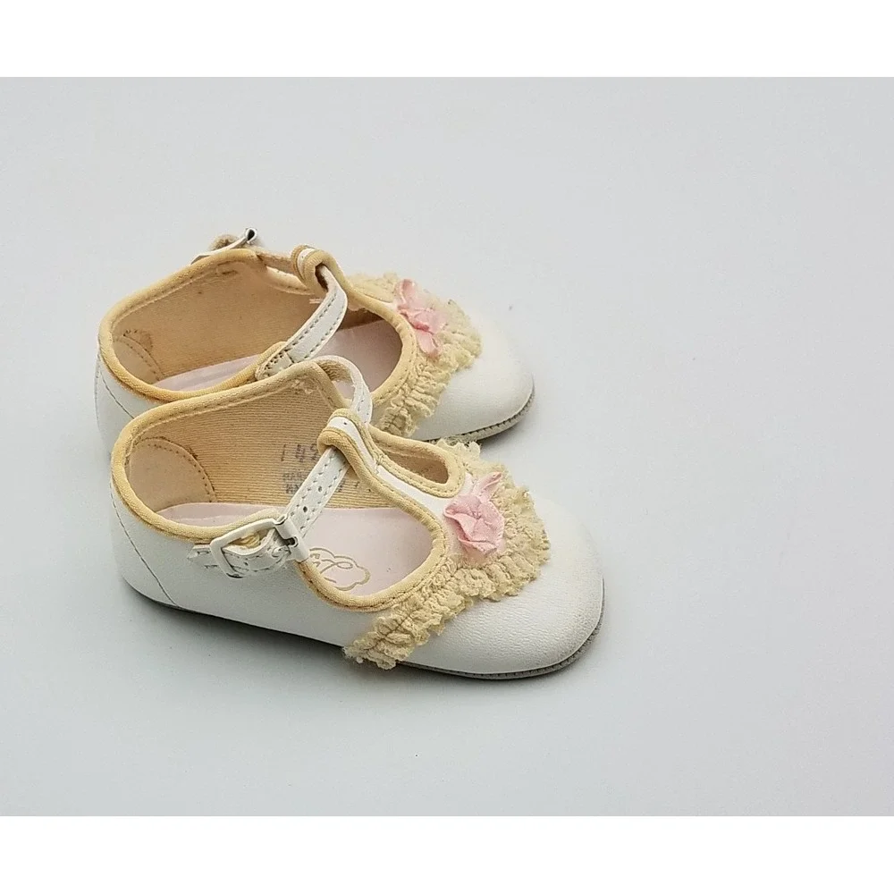 Vtg Lullaby Baby Girl Infant Dress Shoes White Leather‎ Look Toddler Size 2 Lace